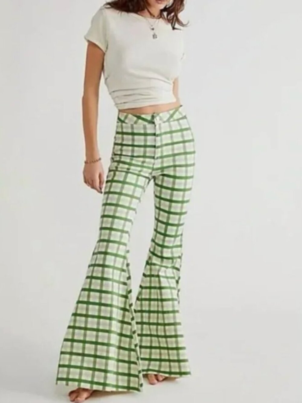We The Free People Just Float On Flare Pants 27 Green Plaid Gingham Bell Bottoms